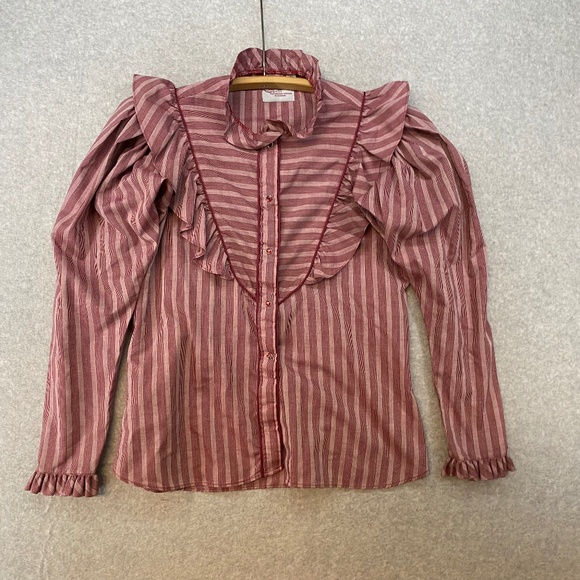 Kenny Rogers Tops - Striped Ruffle Button-Front Blouse - Dusty Rose
